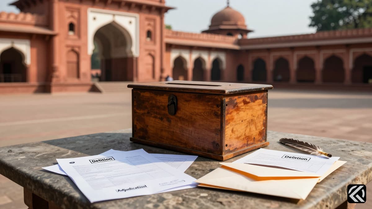 A wooden ballot box surrounded by official electoral documents and local West Bengal architecture.
