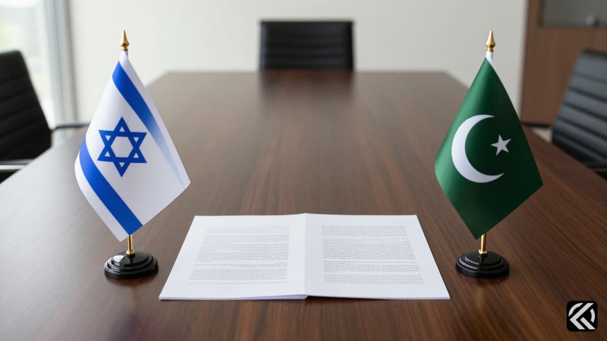 Close-up of conflicting national flags on a diplomatic table symbolizing tensions between Israel and Pakistan.