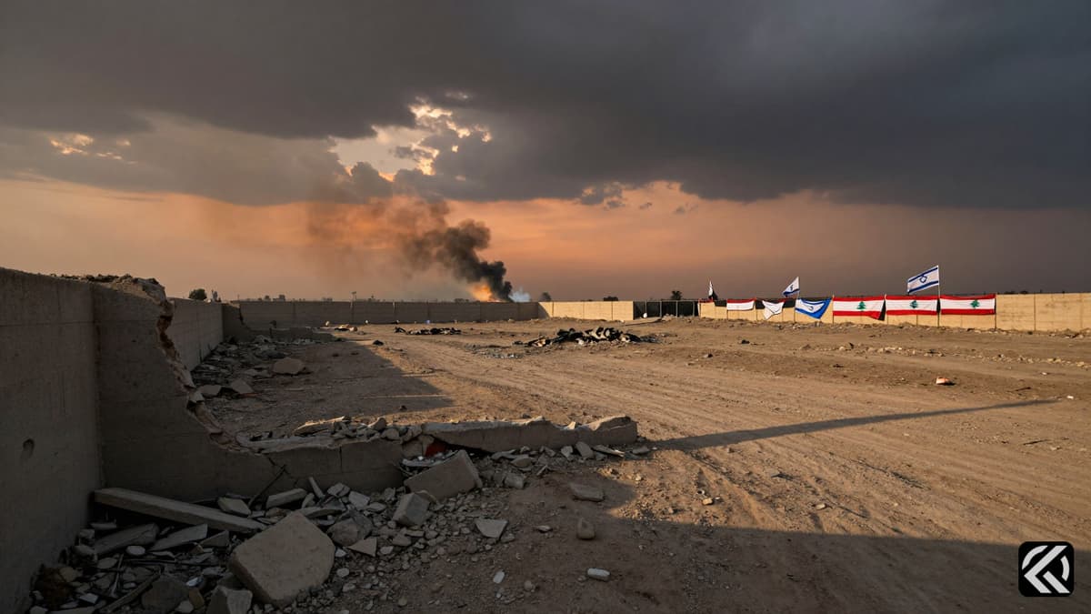 Smoke rising from destroyed buildings near the Lebanon-Israel border with national flags visible in the distance under a stormy sky.