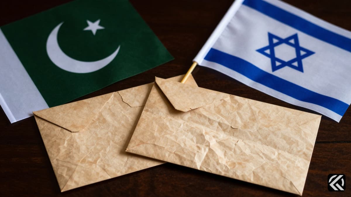 Crumpled diplomatic cables between Pakistan and Israel flags on a dark table symbolizing the diplomatic tension.