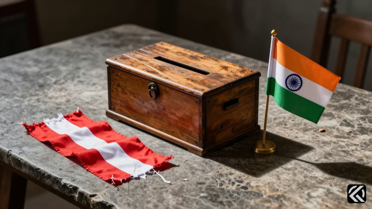 A solitary ballot box with torn fabric and a small flag symbolizing a broken political alliance and independent voting.