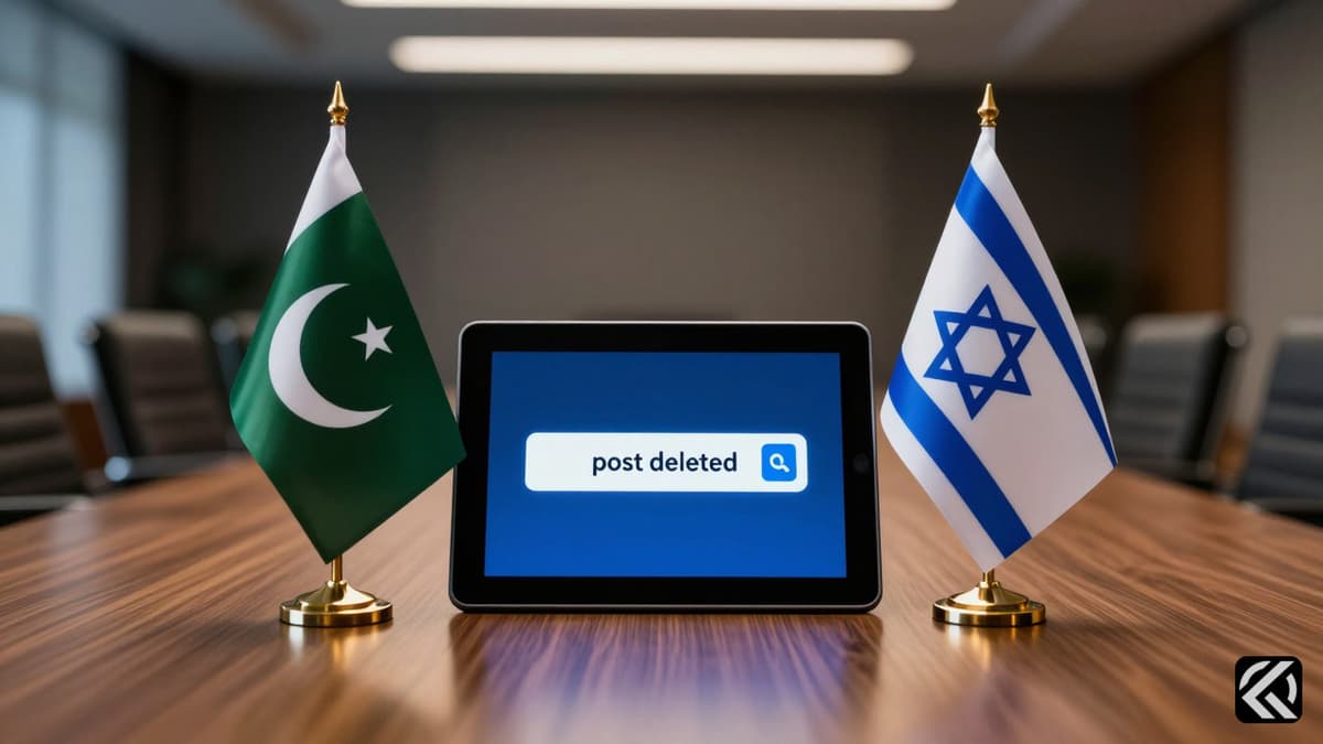 Diplomatic table with Pakistan and Israel flags facing each other with a deleted post notification, symbolizing tension.