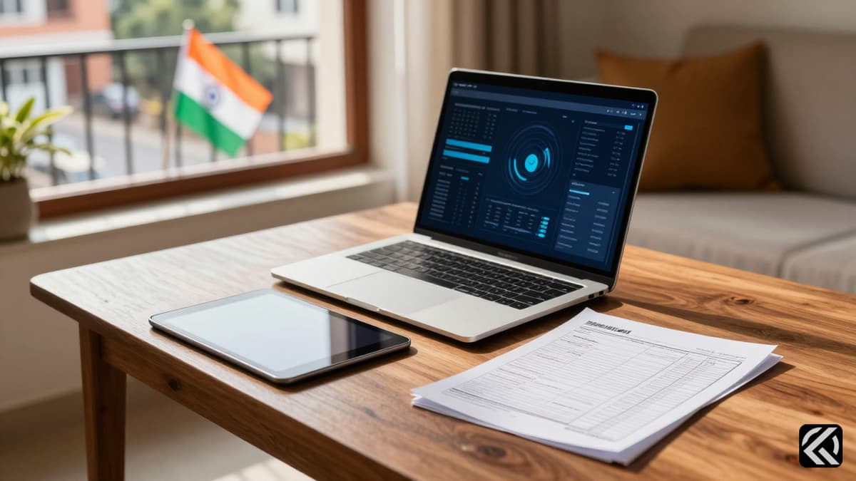 Realistic image of a home office with digital devices and a census form symbolizing digital data collection.