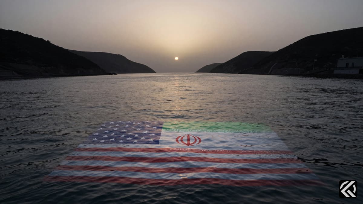 Realistic view of the Strait of Hormuz at dusk with subtle national flag reflections in the water.