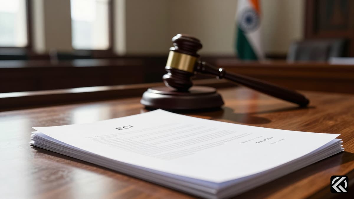 A stone gavel and official electoral documents on a desk symbolizing a Supreme Court hearing on West Bengal polls.