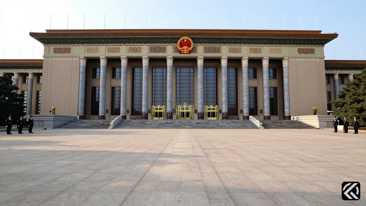 Exterior view of Beijing's Great Hall of the People during a high-level diplomatic meeting.
