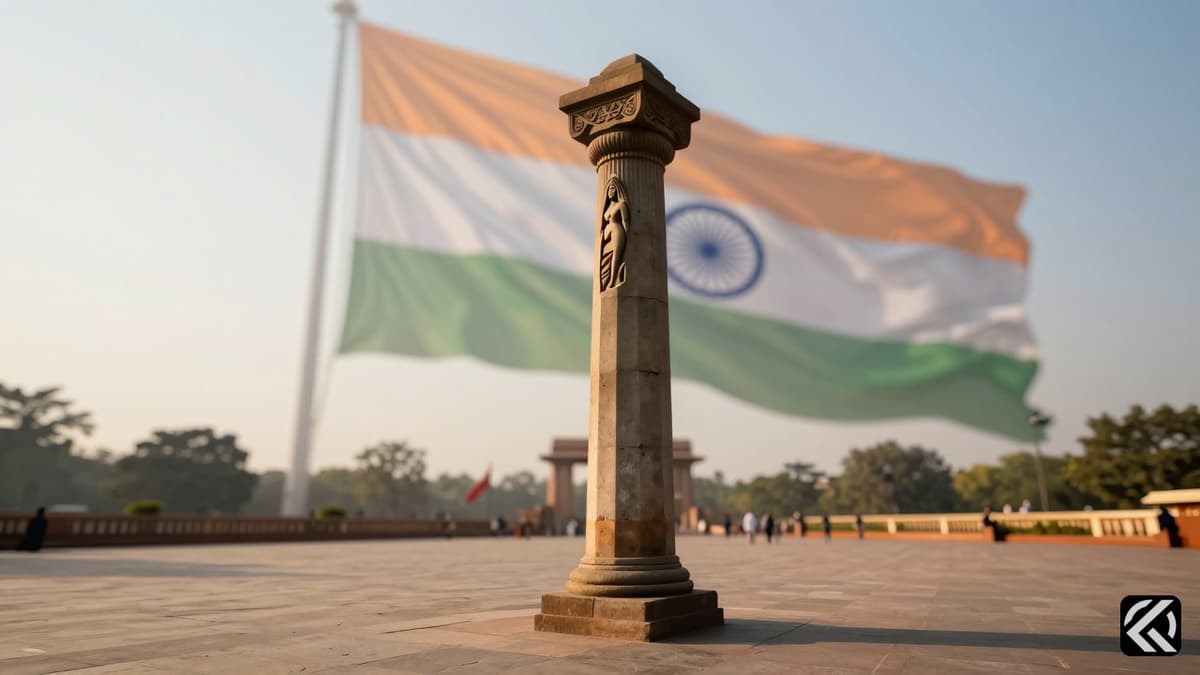 Symbolic stone column with female silhouette representing women's reservation law in India.