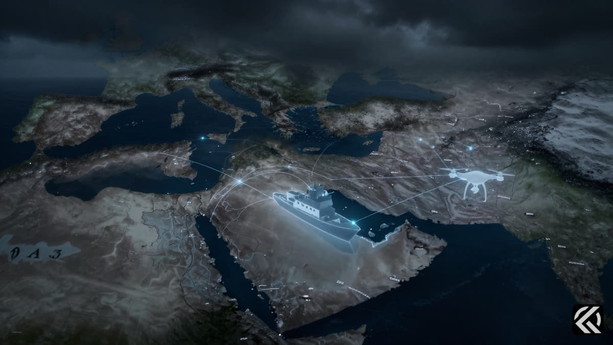 A stormy sea representing the Strait of Hormuz with a shadowed map and symbols of military tension and trade disruption.