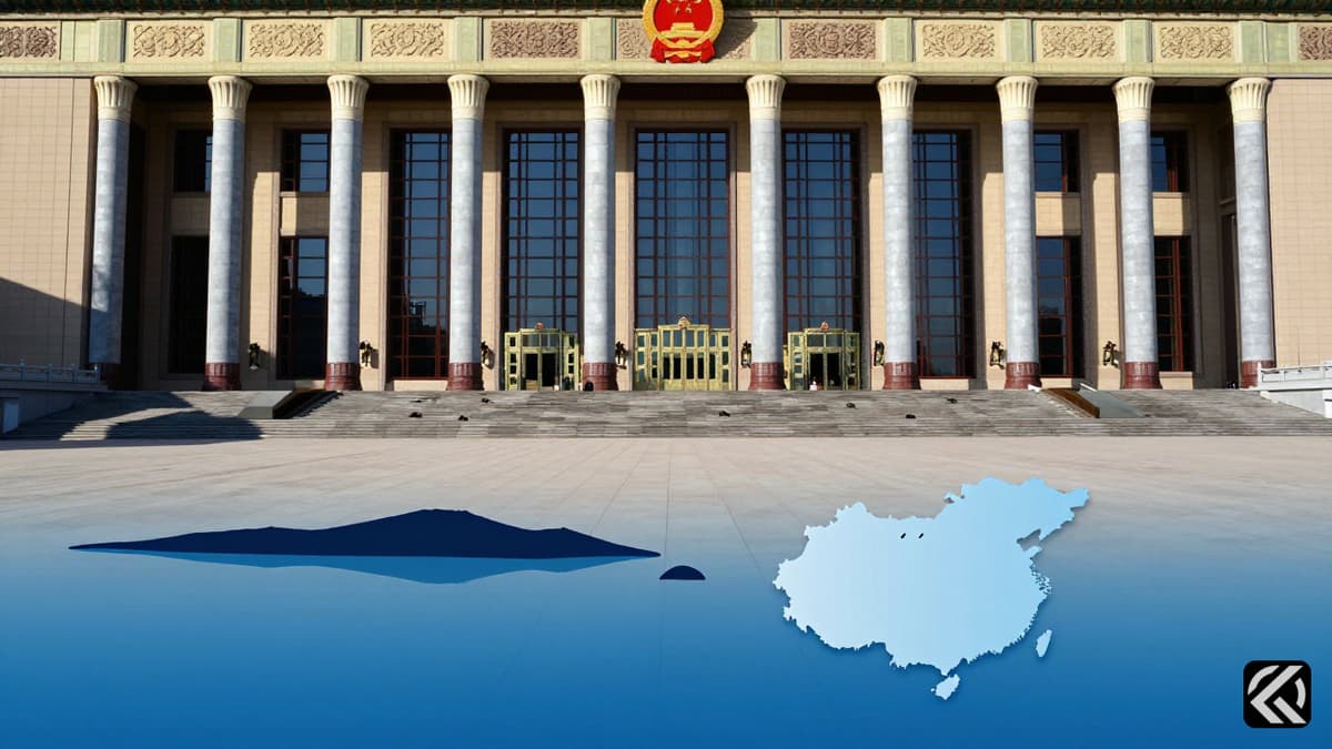 The Great Hall of the People in Beijing with a symbolic view of the Taiwan Strait separating the island from the mainland under natural daylight.