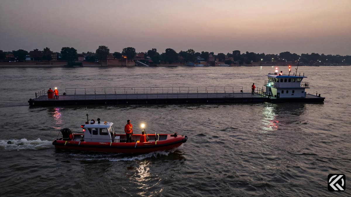 Emergency rescue boats navigate the Yamuna River near a pontoon bridge during a capsizing incident.