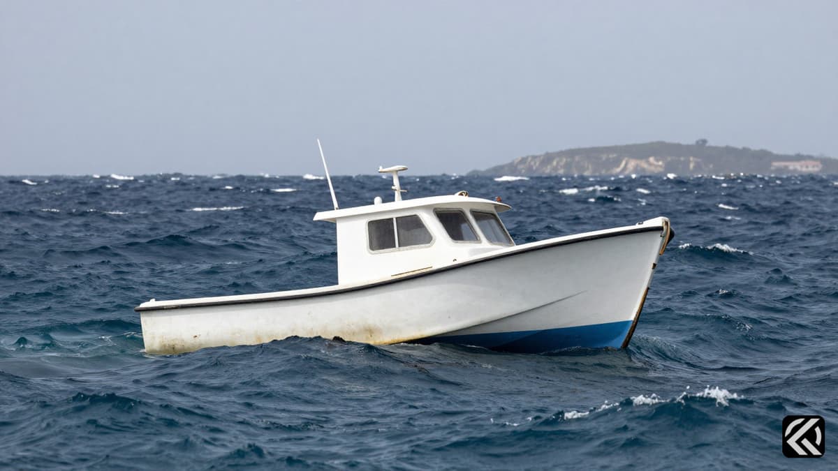 An abandoned white dinghy in rough seas near the Abaco Islands, symbolizing the maritime disappearance.