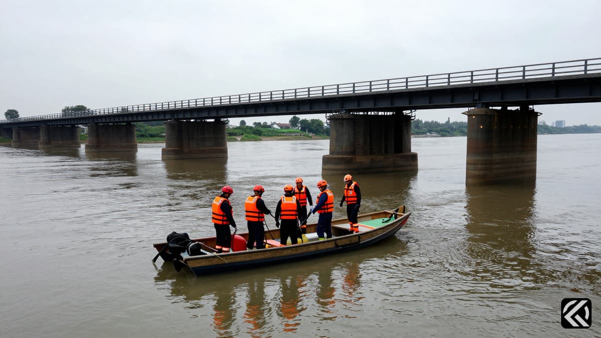 Rescue teams in orange vests operate on a boat near a pontoon bridge on a river during a search operation.
