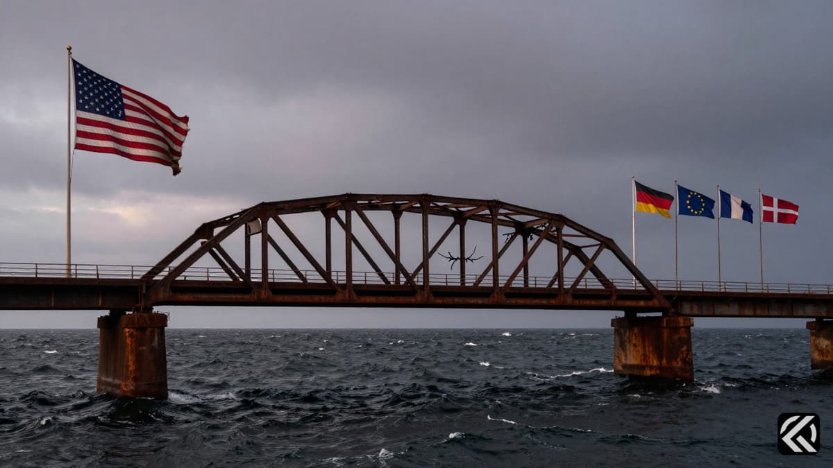 A rusted bridge with US and European flags spanning a stormy sea, symbolizing a fractured alliance.
