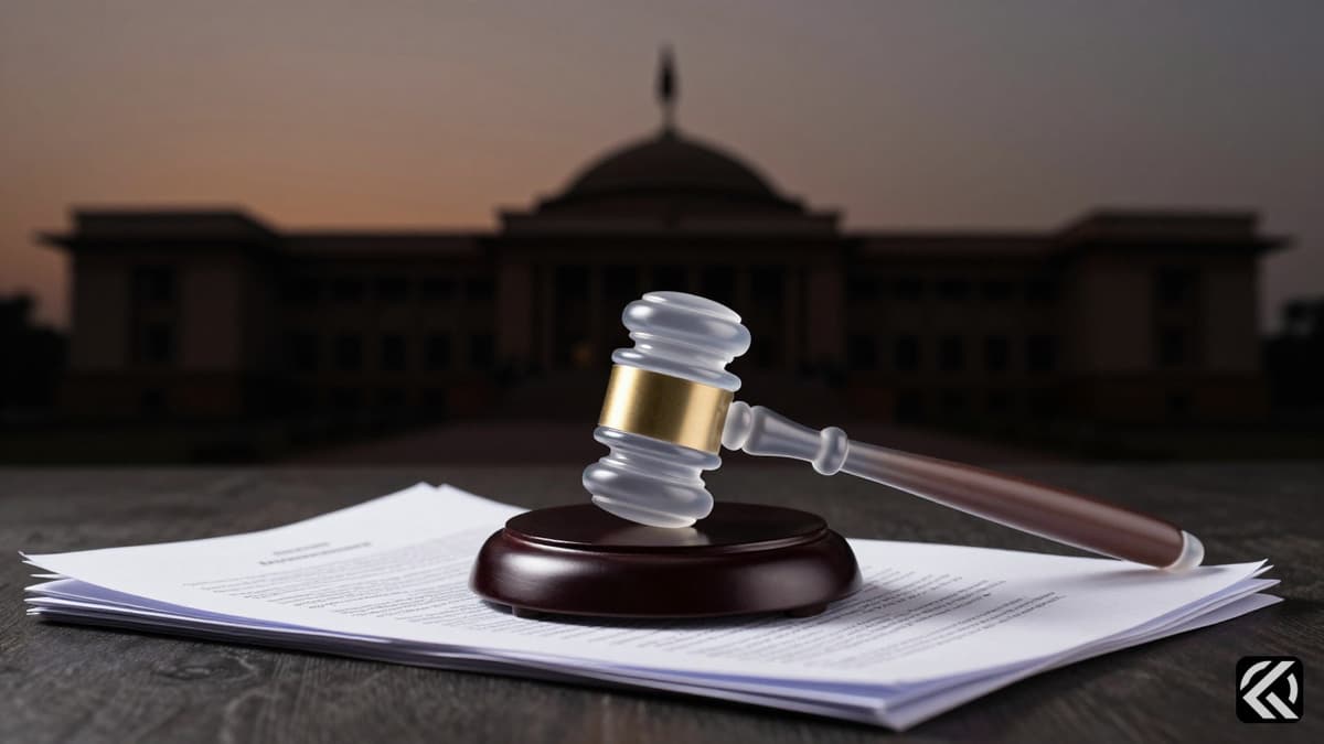 Silhouette of Indian parliament with a gavel on documents symbolizing legislative conflict.