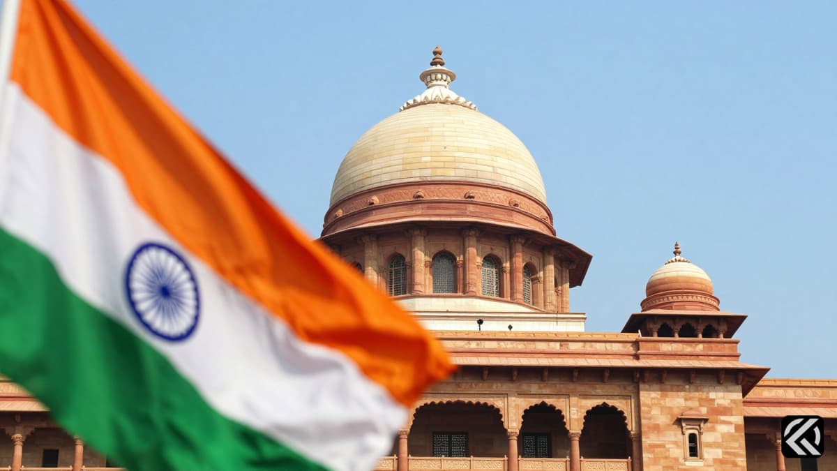 The dome of the Indian Parliament House with the national flag waving in the foreground.