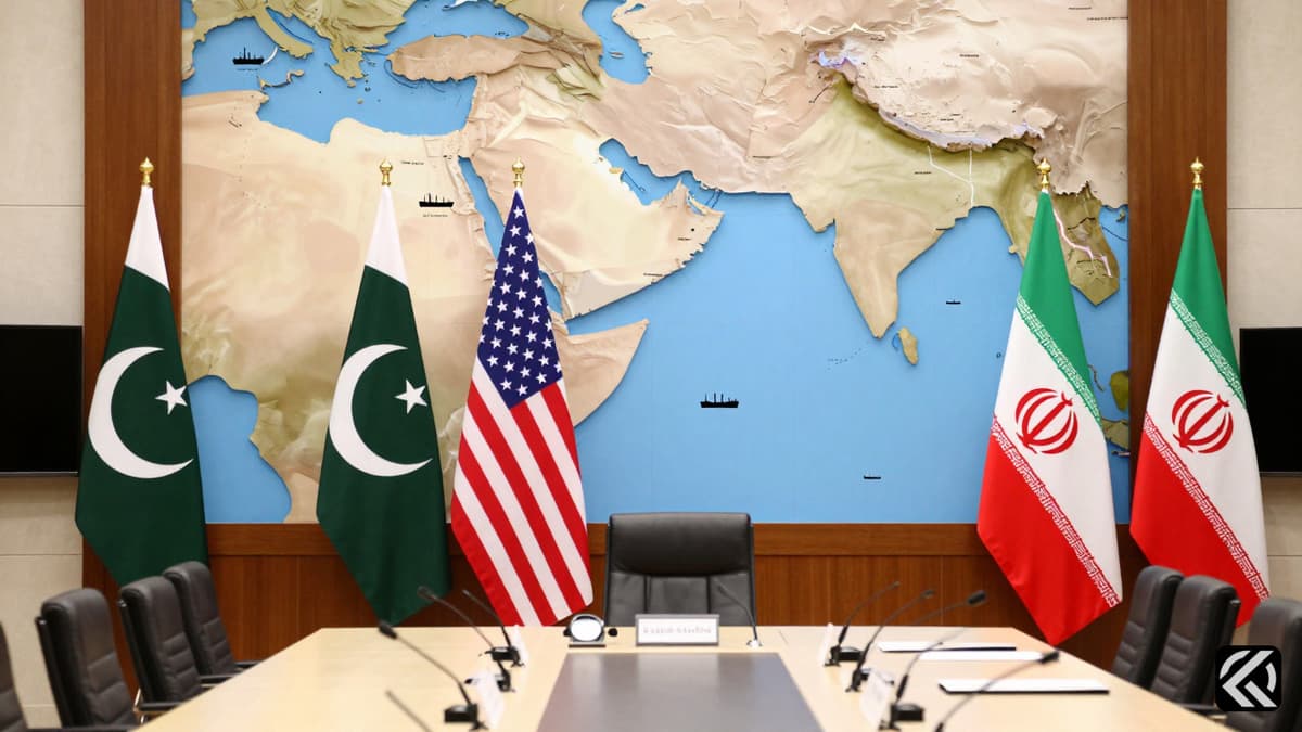 Diplomatic conference room with flags of Pakistan, US, and Iran overlooking a map of the strategic Strait of Hormuz.