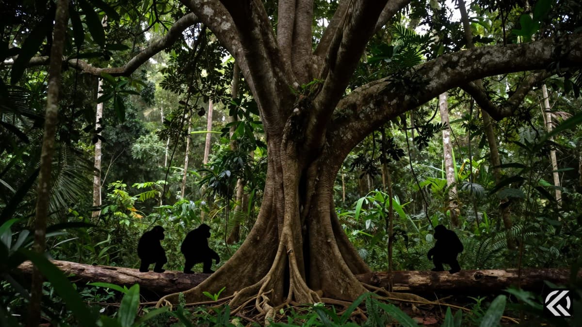 Silhouettes of two chimpanzees facing away from each other under a large tree in Uganda's Kibale National Park.