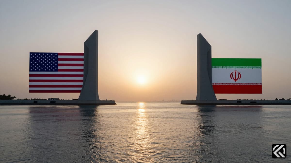 Abstract representation of US and Iran diplomacy over the Strait of Hormuz at dawn with geometric pillars meeting.