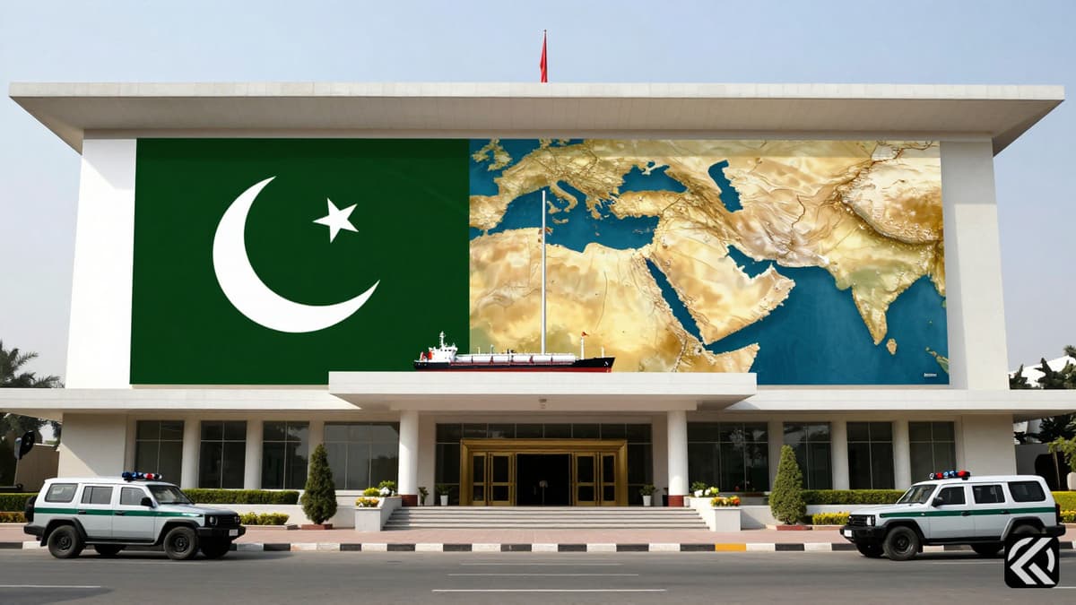 Photorealistic view of Islamabad diplomatic center with flags and map symbolizing the Strait of Hormuz peace efforts.
