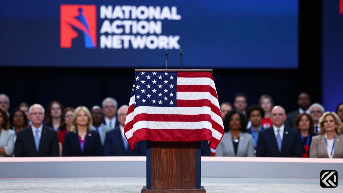 Podium draped in US flag at a political convention stage with blurred crowd background.
