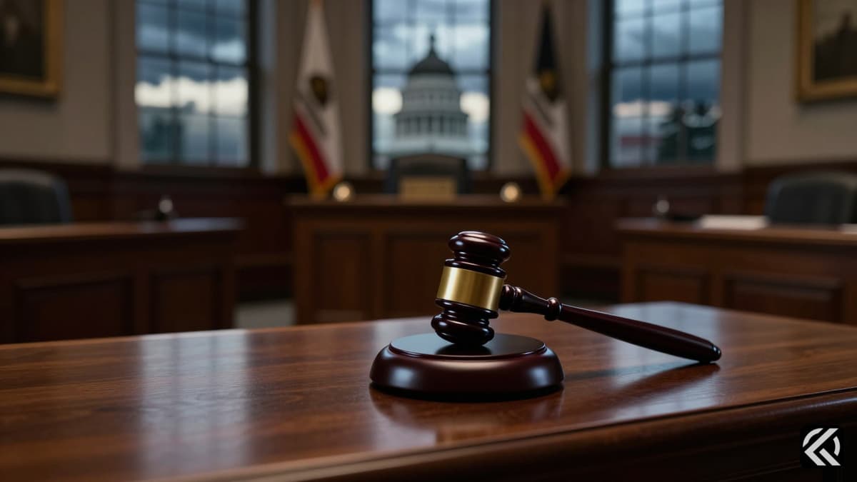 A gavel on a desk in a dimly lit California legislative chamber with a stormy window background.