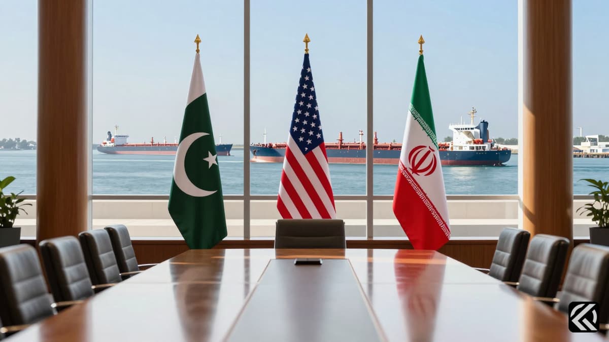 Flags of Pakistan, US, and Iran on a table overlooking an oil shipping channel representing Strait of Hormuz diplomacy.