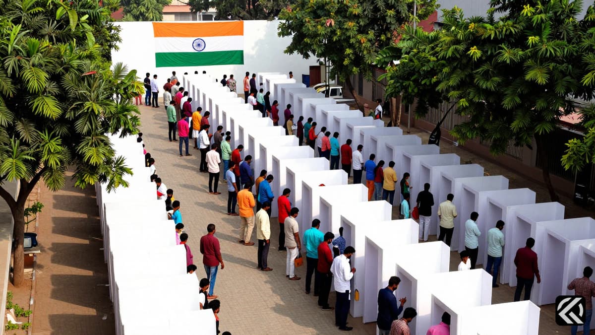 Crowds of voters queue at outdoor polling stations with Indian flags visible, symbolizing high participation in recent elections.