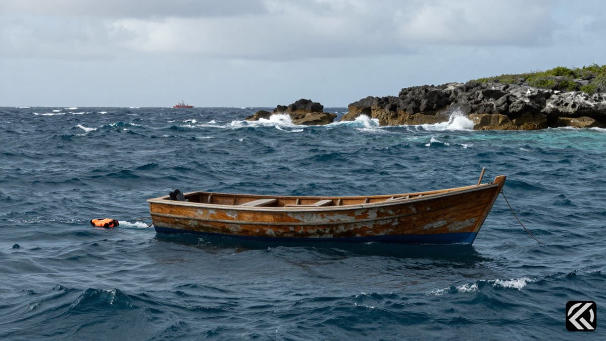 A dinghy and life vest floating in rough Bahamian waters during a search operation.