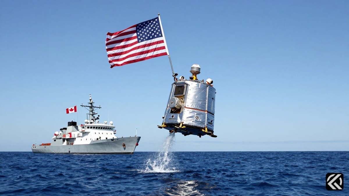 A silver spacecraft module preparing to splashdown in the ocean near a recovery ship with flags.
