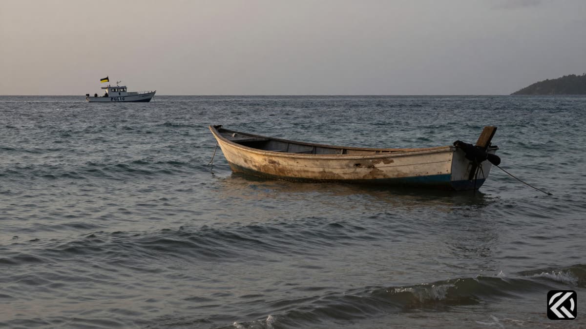 A small abandoned boat floats on choppy waters near a tropical shore with a police boat in the background under an overcast sky.
