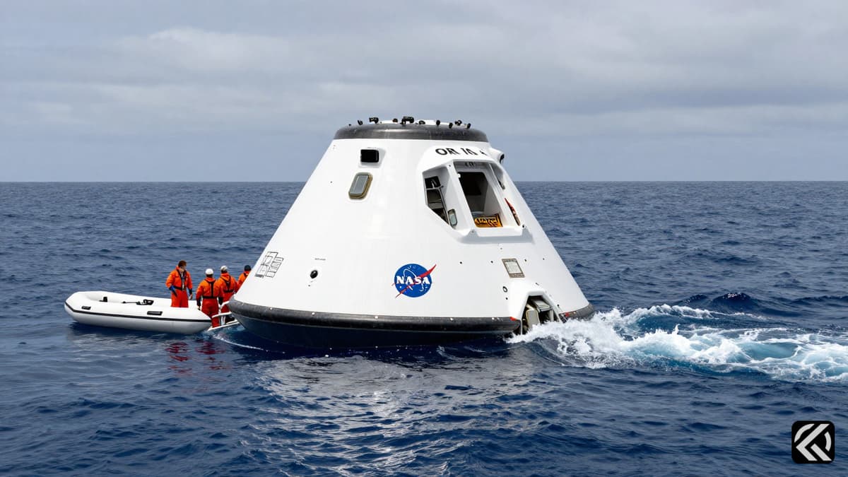 NASA Orion capsule splashing down in the ocean after returning from a lunar mission.