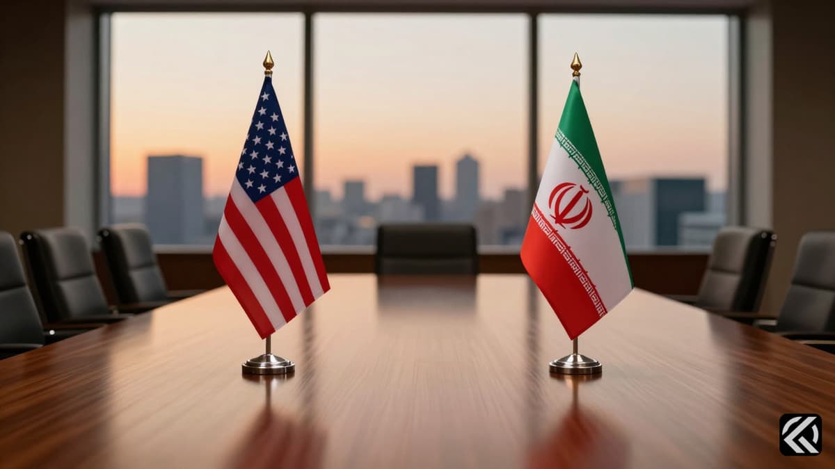 Iranian and US flags on a conference table symbolizing diplomatic negotiations in Islamabad.