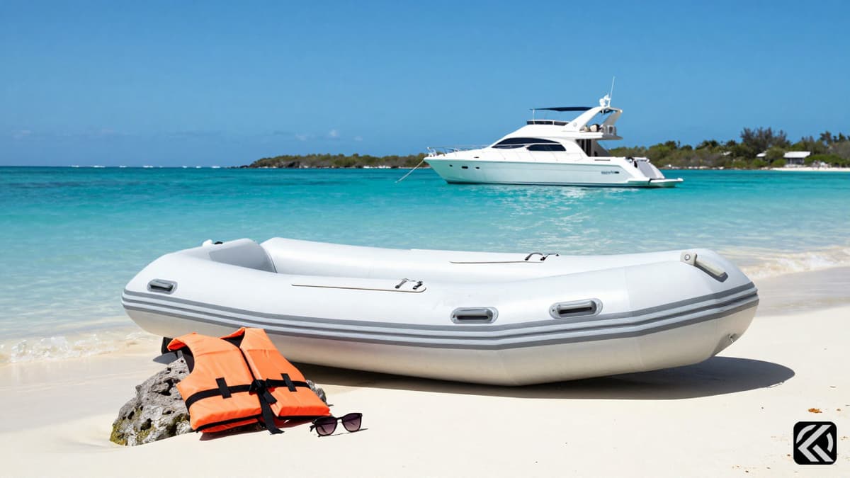 A small white dinghy and a life jacket on a tropical beach with a yacht in the background, symbolizing a maritime search.