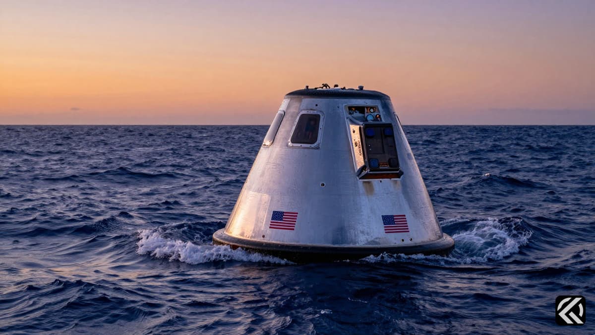 NASA spacecraft capsule resting in ocean waters after mission splashdown