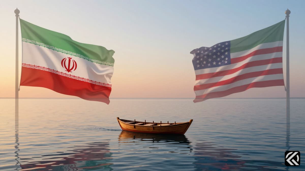 Realistic scene of water with Iranian and US flag silhouettes and a small boat symbolizing negotiations.