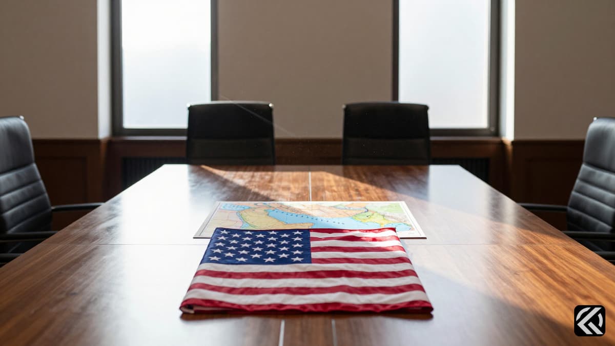 Formal diplomatic table with American flag and Middle East map symbolizing tense international negotiations.