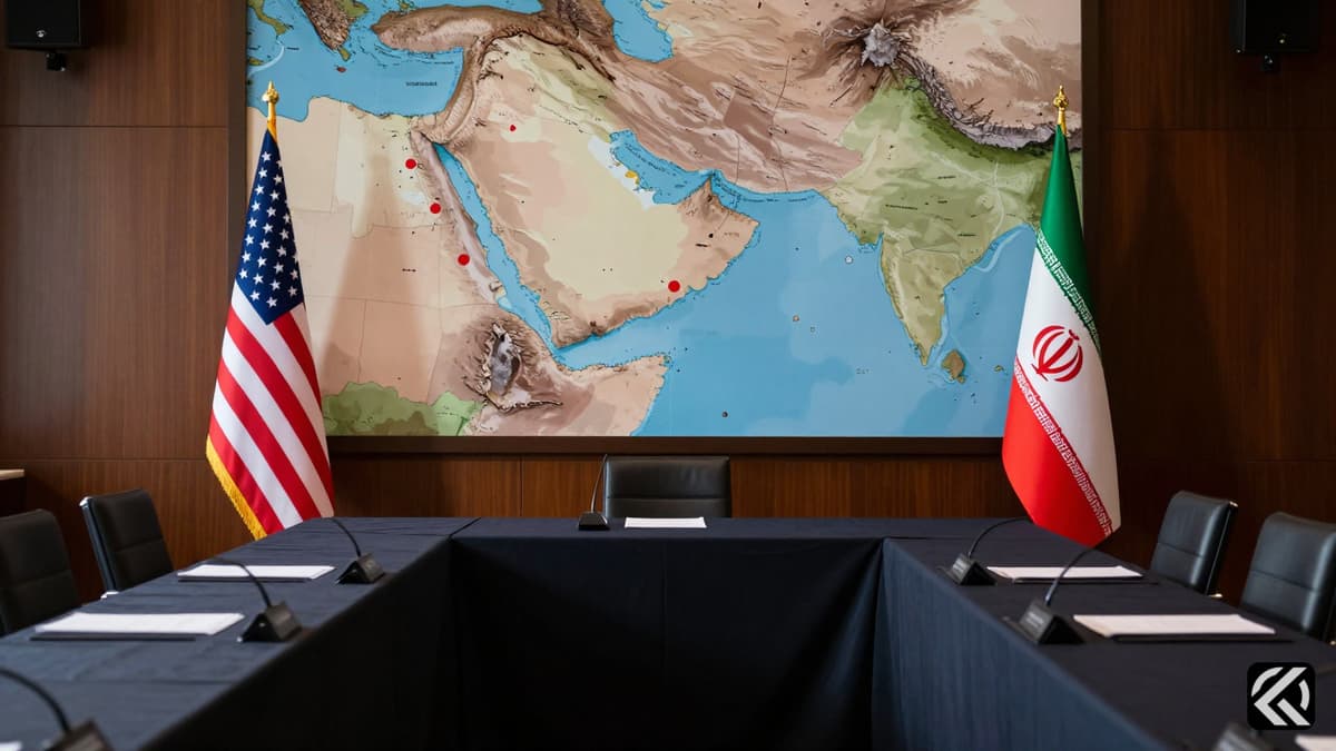 Diplomatic table with US and Iranian flags and a Middle East map showing conflict zones in a serious conference room.