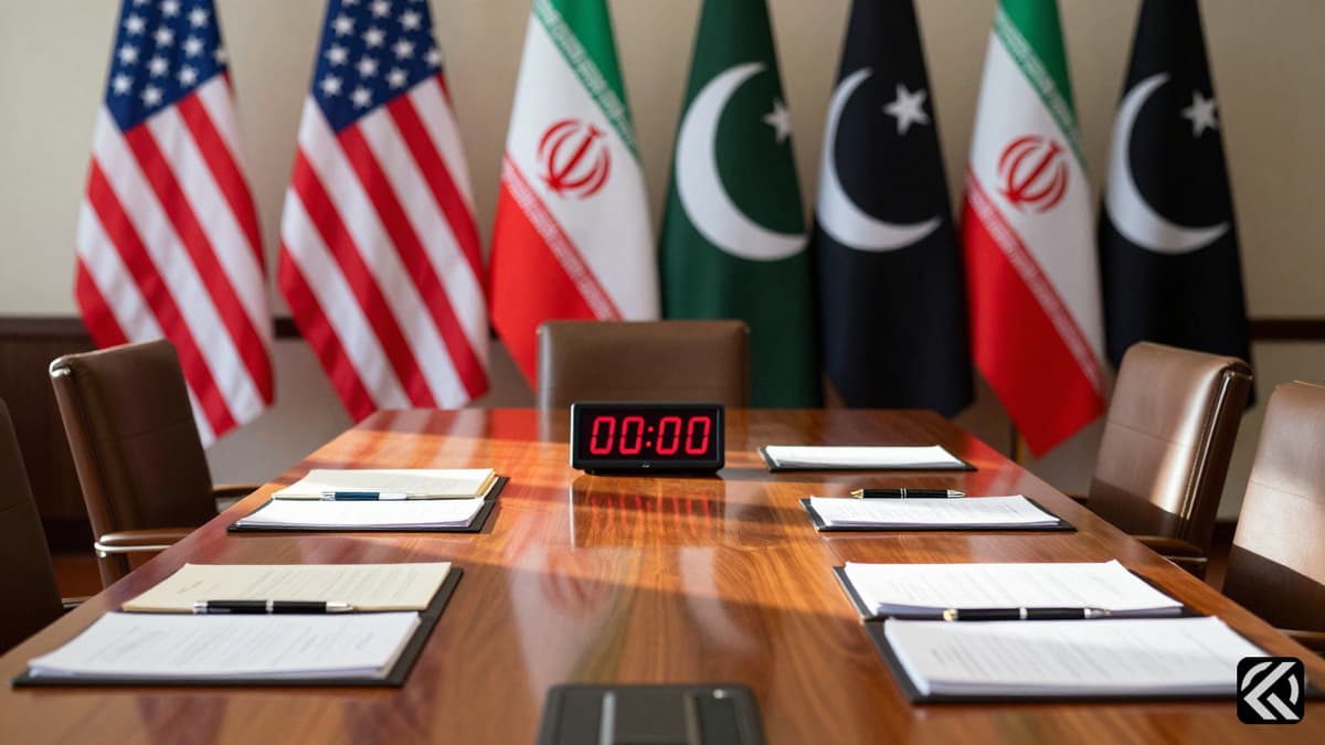 Formal diplomatic meeting table with US, Iran, and Pakistan flags representing negotiations.
