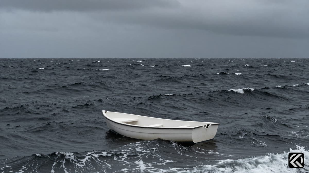 A small white dinghy drifting on rough, dark seas under a stormy sky symbolizing a missing person at sea.