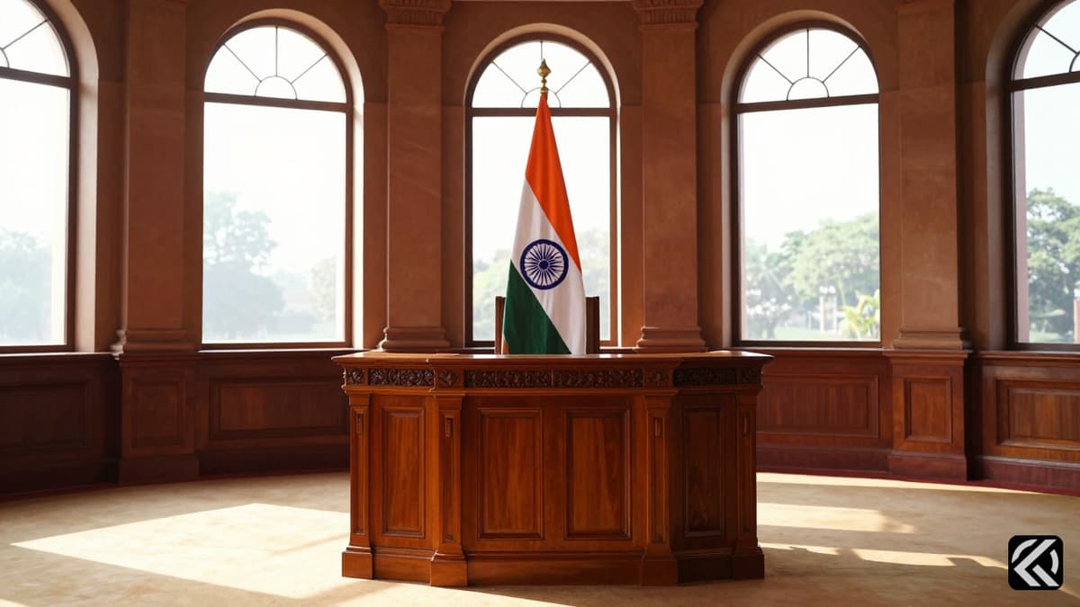 The interior of the Rajya Sabha chamber featuring the wooden podium and Indian flag during a solemn session.