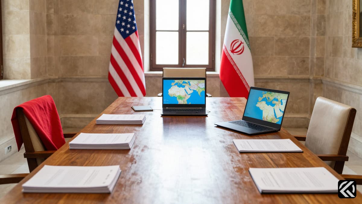 Diplomatic meeting table with US and Iranian flags symbolizing ongoing negotiations in a historic room.