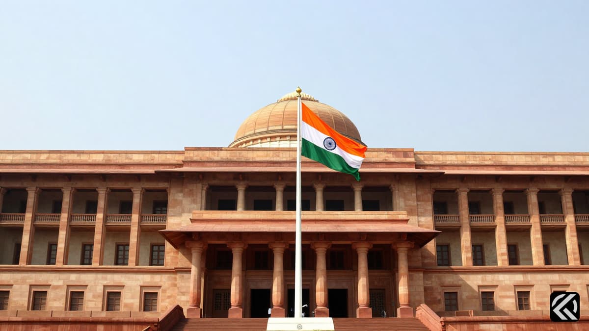 Indian Parliament building exterior with a waving flag symbolizing political transition in Bihar.