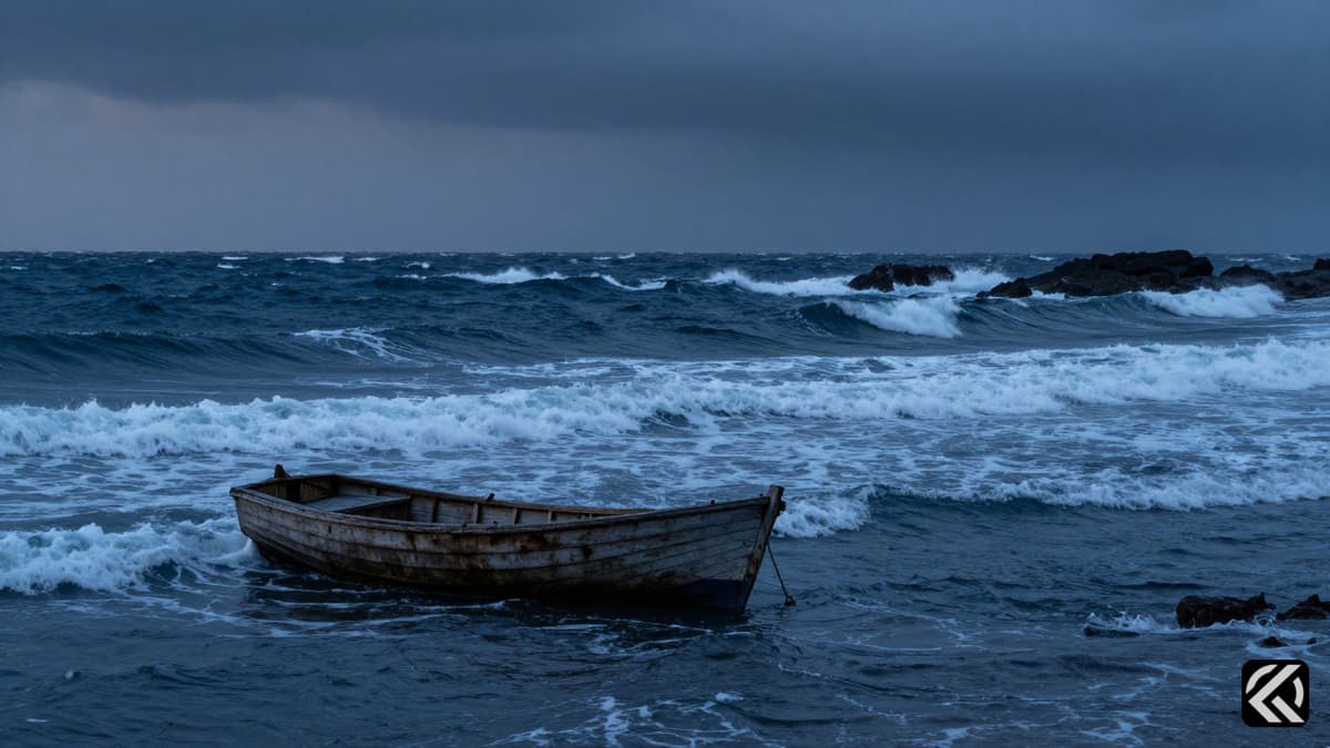 A small dinghy floats on rough, dark ocean waters near a rocky shore under a stormy sky, symbolizing a maritime search.