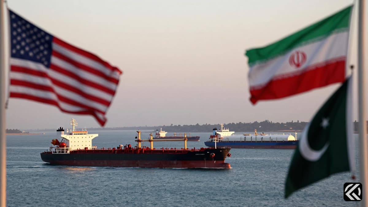 Oil tankers navigating the Strait of Hormuz with US, Iran, and Pakistan flags symbolizing diplomatic talks.