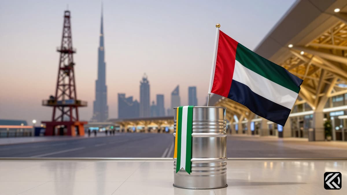 Silver oil drum with Indian tricolor and UAE flag near airport terminal symbolizing energy diplomacy.
