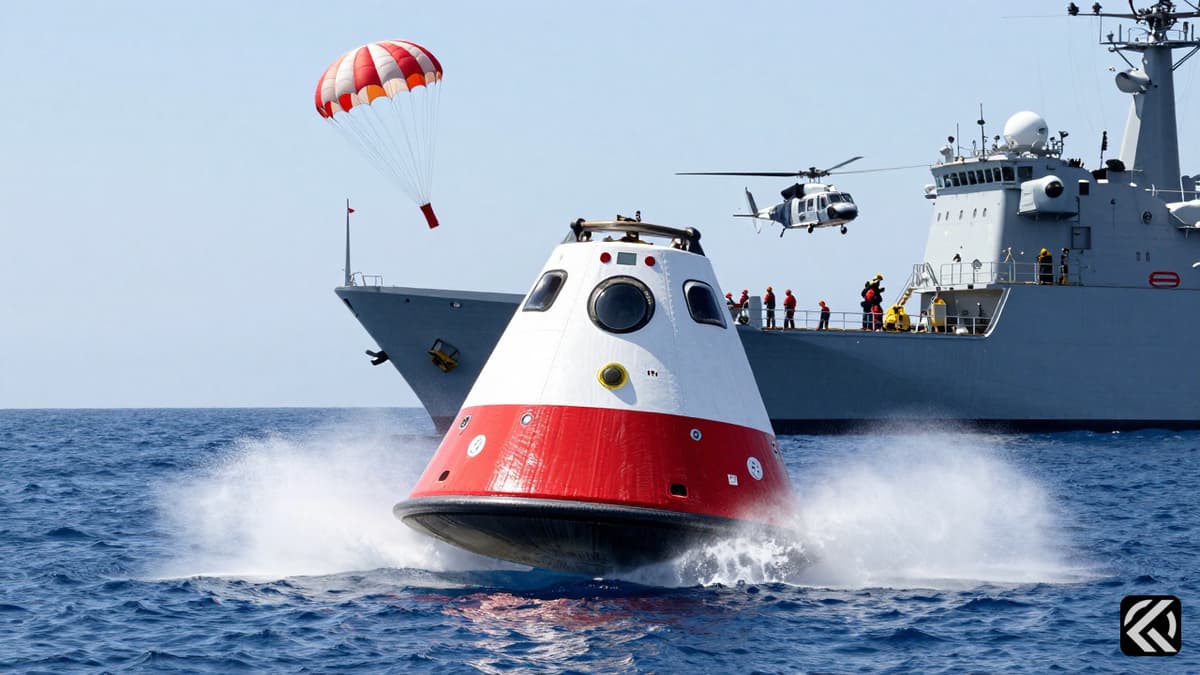 Orion spacecraft floats in the Pacific Ocean after successful splashdown with parachutes and recovery ship nearby.