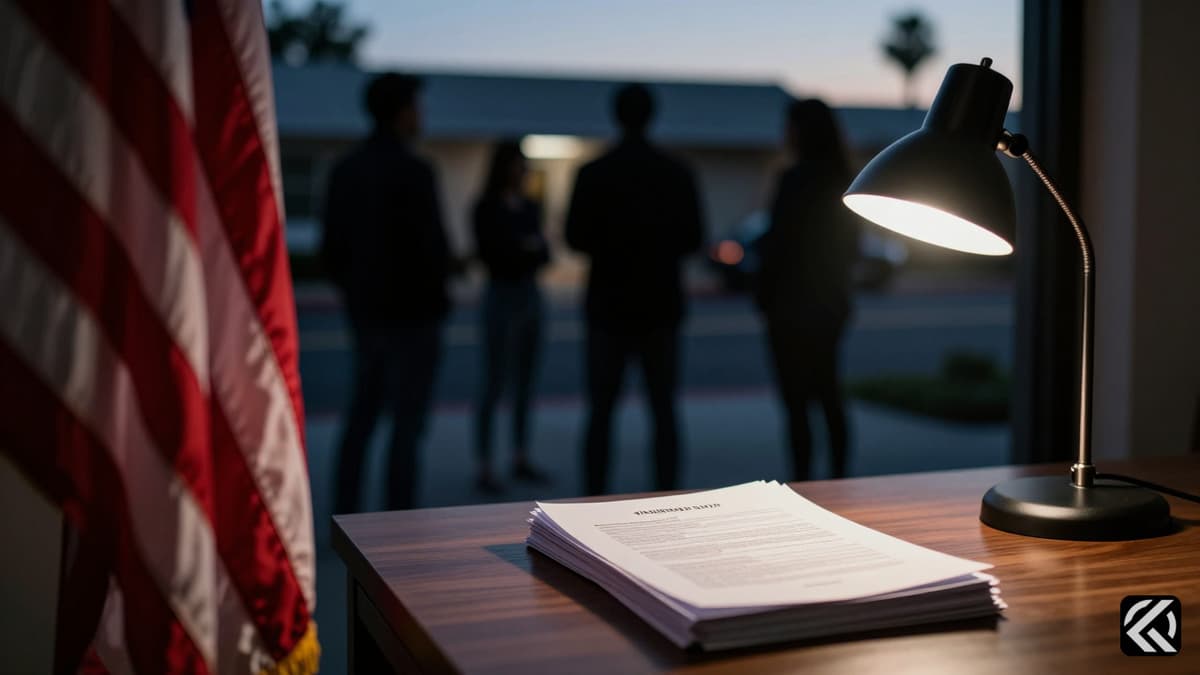 A somber, realistic scene of a dimly lit campaign office with a blurred American flag and legal documents, symbolizing the controversy surrounding the California governor race.