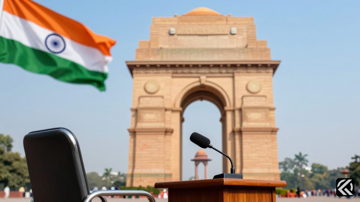 Empty podium with microphone and Indian flag symbolizing Bihar leadership transition