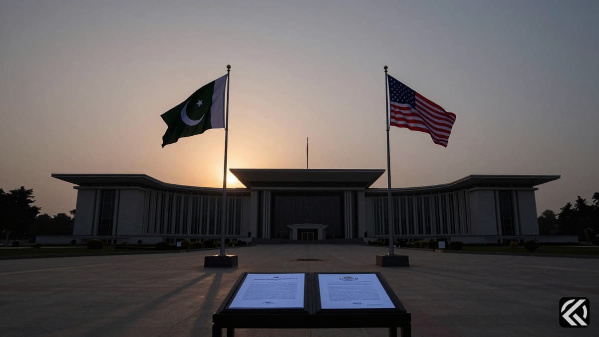 Diplomatic flags of Pakistan, US, and Iran set against Islamabad skyline during tense international talks.