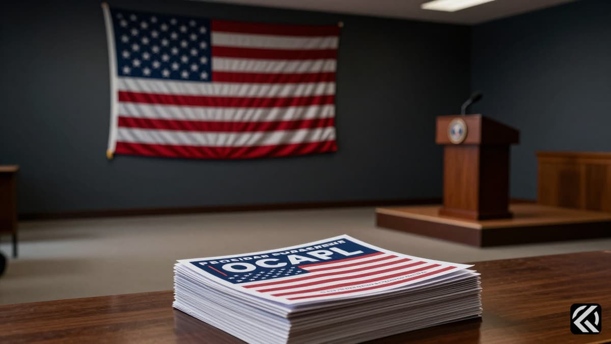 An empty campaign stage with a microphone and flag symbolizing political tension.